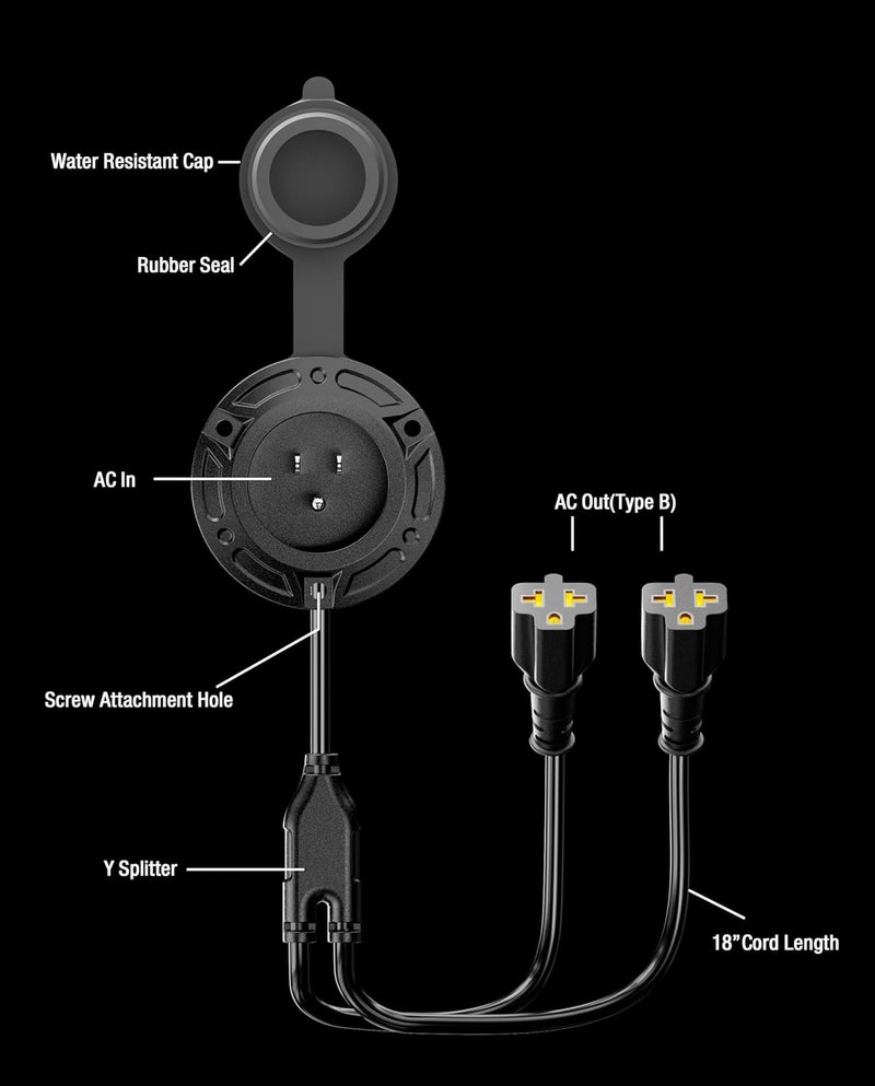 stio New 20A 125V AC Port Plug,12AWG Heavy-Duty RV Shore Power Inlet Plug with 5-in-1 T-Blade Adapter & Dual 16'' Cord,Waterproof AC Power Inlet Socket Outlet Box Integrated Outdoor Electrical Receptacle - Image 5